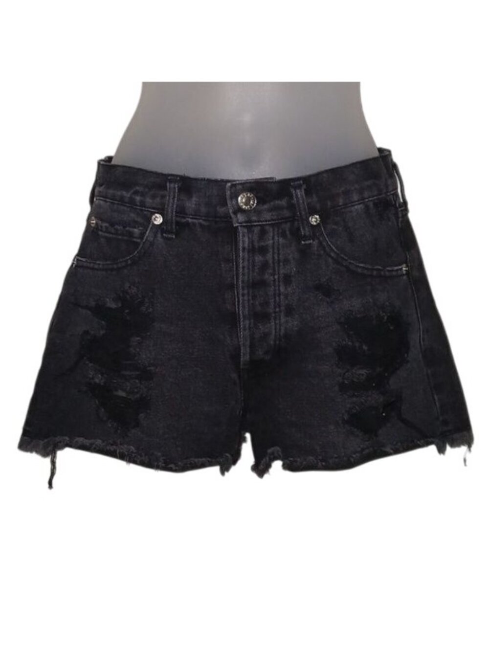 AGOLDE Jaden Black Distressed High Waist Denim Shorts - Picture 2 of 6